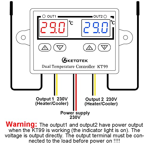 KETOTEK Digital Temperature Controller Thermostat 230V with 2 Waterproof Probes | Temperature Monitor with 2 Temperature Probes, 220V Temperature Switch for Aquarium, Incubator, Greenhouse, Heating/Cooling Mode AC 230V