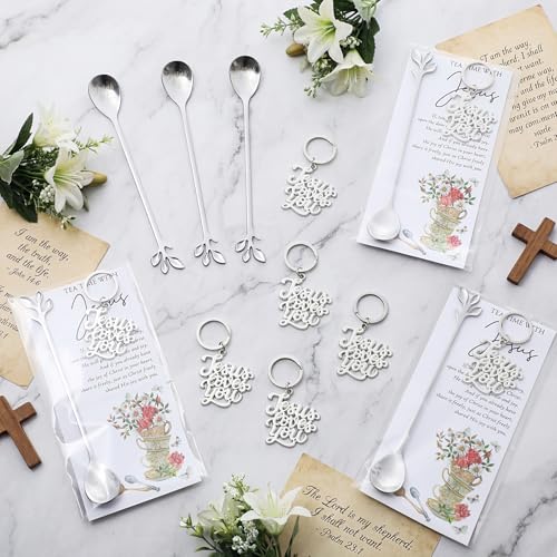 24 Sets Christian Tea Party Favors for Women 6.5" Jesus Teaspoons with Prayer Cards Jesus Loves You Keychains Family Reunion Gifts Christian Gifts for Church Events Tea Party (Silver) 24 Silver