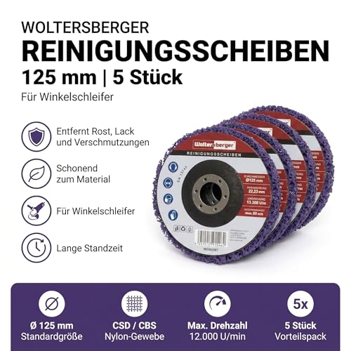 Woltersberger Pack of 5 Coarse Cleaning Discs Diameter 125 mm CSD Cleaning Fleece CBS Nylon Fabric Disc Purple for Angle Grinder Rust Remover for Flex
