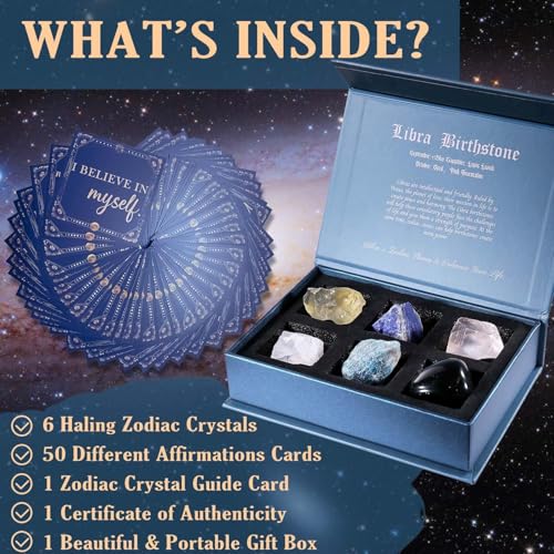 Faivykyd Libra Crystals Gift - 6 Libra Zodiac Natural Stones w/ 50 Miracle Mantras Affirmation Cards, Healing Astrology Gifts for Promoting Positive Energy, Self-Care, Love & Wealth Libra - Motivational