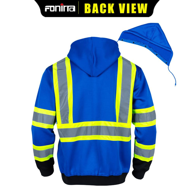 FONIRRA Hi Vis Safety Fleece Zip Hoodie for Men Reflective Sweatshirts ANSI Class 3 Jackets Detachable Hood (Blue,M) Medium Blue