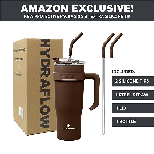 HYDRAFLOW Capri - 40oz Tumbler with Straw and Handle - Triple Wall Vacuum Insulated Tumbler - Insulated Smoothie Cup - Stainless Steel Tumbler - Reusable Tumbler with Lid - Cocoa 40 Ounces