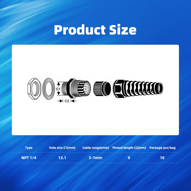 [Australia - AusPower] - Strain Relief Cord Connector, CGELE 10 Pack NPT 1/4" Waterproof Cable Gland Cord Grip Spiral Adjustable Connector Strain Relief Cord Connectors Joints Nylon with Gaskets NPT 1/4" 10PCS 