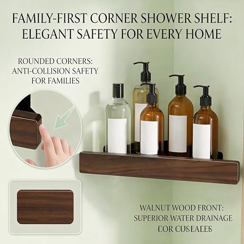 Corner Shelf 2 Pack, Solid Wood Triangle Wall Mounted Shelf, Adhesive or Screws, No Drill or Permanent Mount, Shower Storage for Bathroom Kitchen, Rust Proof BPA Free 1