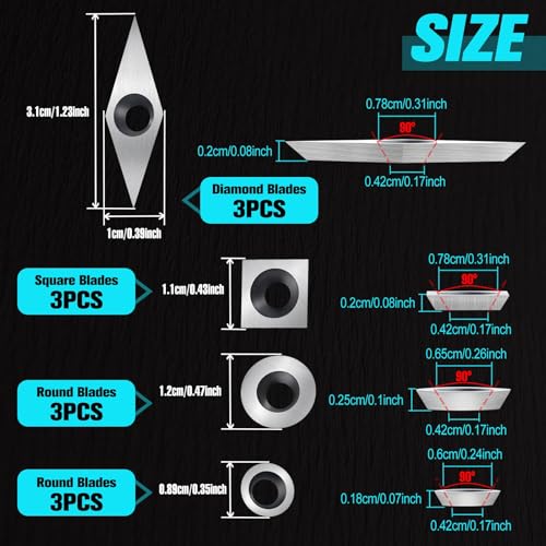 SPEEDWOX 12 Pieces Tungsten Carbide Cutters Inserts Set for Wood Lathe Turning Tools Include 11mm Square with Radius,12mm and 8.9mm Round,31mm 10mm Diamond with Sharp Point, 12 Pieces Screws