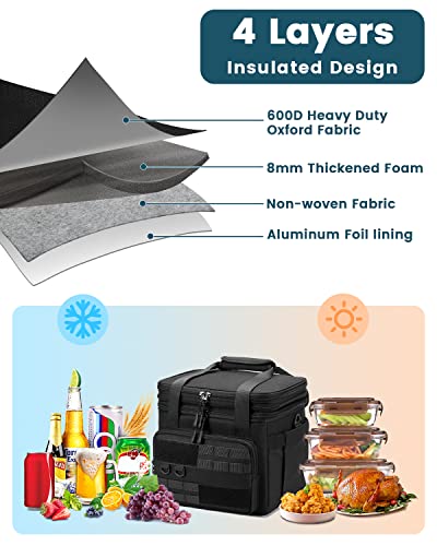 RalChyez Tactical Lunch Box, 20L Large Heavy Duty Double Deck Insulated Lunch Bag Leakproof Expandable Tote Cooler with Shoulder Strap for Adult Men Women Work Fishing Picnic Travel Black A-Black
