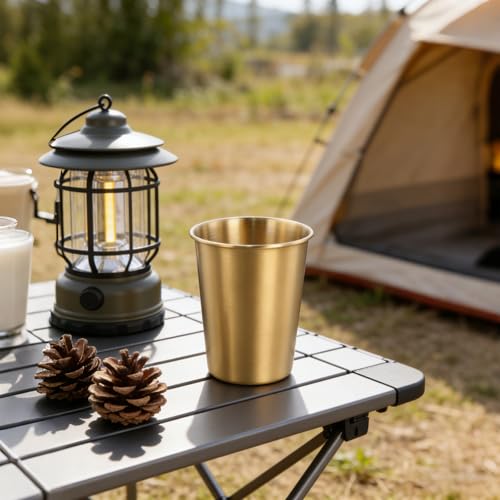 HOIGON 16 Pack 12oz Stainless Steel Cups, Gold Shatterproof Metal Drinking Cups, Stackable Stainless Steel Tumblers for Travel, Camping, Outdoor Activities