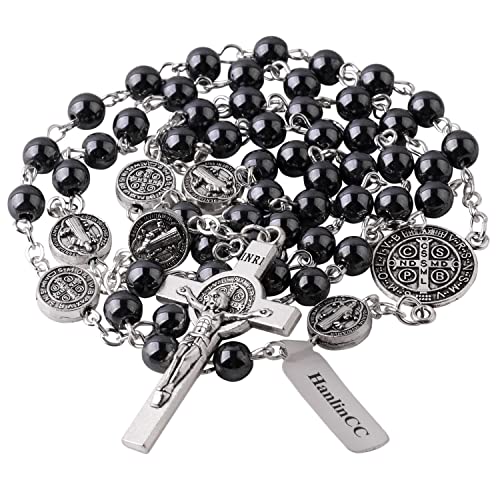 HanlinCC Catholic Rosary St.Benedict Necklace Hematite Beads with Gift Box