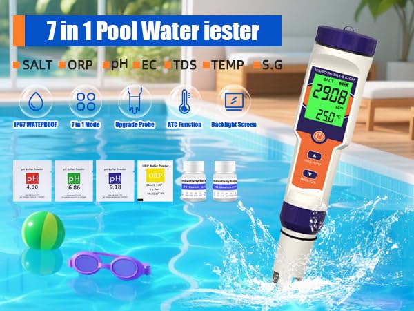 [Australia - AusPower] - 7-in-1 Digital Pool Salt Tester | pH, ORP, Salinity, TDS, EC, Temperature Meter for Saltwater Pools, Hot Tubs, Spas, Aquariums, Hydroponics，Saltwater Pool Tester Dark blue 
