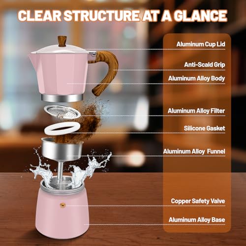 3 Cup Aluminum Espresso Stovetop Moka Pot Express Coffee Maker Percolator Italian Classic Mocha Coffee Machine for Italian and Cuban Cafe Brewing for Home & Camping 150ml 5oz Pink 3 Cup