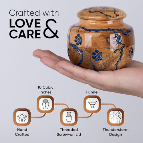 Wood Pet Urns for Dog/Cat Ashes - Small 10 Cu/in Resin Decorative Urn for Ashes for Dog, Urns for Cats - Pet Memorial Remembrance Box - Blue, Small Pot