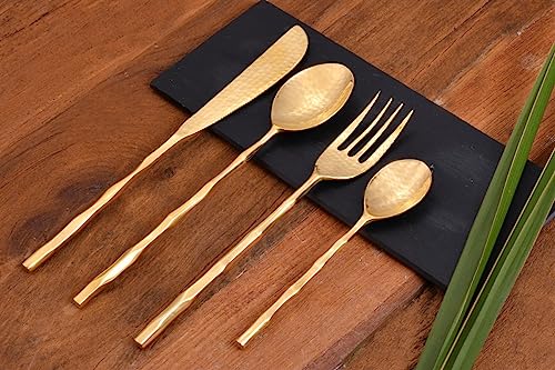 DeKulture handmade pure brass 4-piece gold cutlery set for dining and serving, featuring elegant flatware design