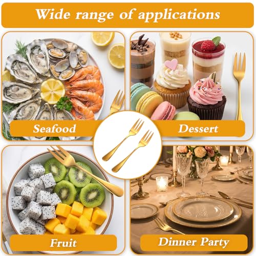 36 Pcs Gold Stainless Steel Dessert Forks, 3-Tine Mini Oyster Fork Appetizer Seafood Cocktail Salad Fruit Tableware, 5.6 Inch Elegant Mirror Polished for Party Travel Picnic Buffet Wedding