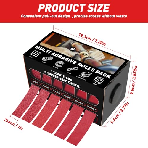 6 Rolls of Sandpaper Roll, 25 mm x 6 m Sanding Cloth 80/120/240/320/400/600 Grit Emery Cloth Roll, Emery Paper for Wood, Metal, Furniture, Paint, Drywall P80/P120/P240/P320/P400/P600 (6 Rolls)