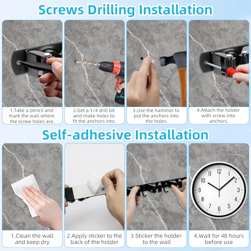 Pack of 2 broom holder, wall, garden tool holder, made of stainless steel | 10 Holders + 8 Hooks Heavy Duty Device Holder Self-Adhesive Broom Mop Holder Wall Mount for Kitchen Bathroom Garage Garden