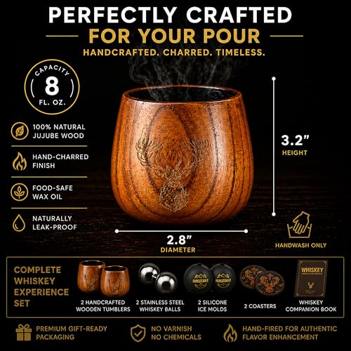 Charred Wooden Bourbon Drinking Glass Set of 2 – Jujube Wood Cups, 8oz Whiskey Gift Set for Men with Whiskey Balls, Ice Molds, Coasters, Stainless Steel Balls & Gift Box