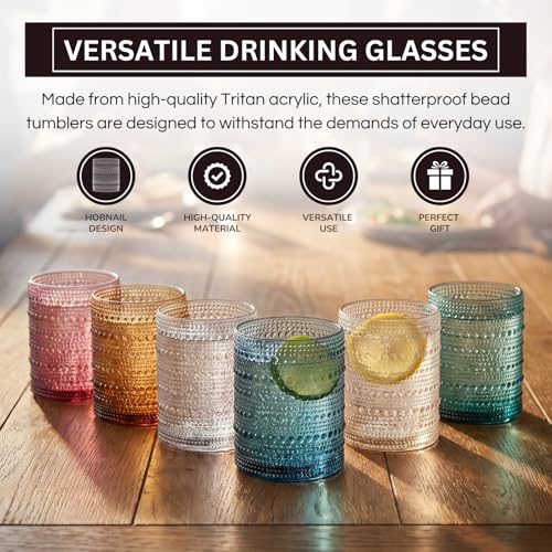 Khen Plastic Hobnail Drinking Glasses Set of 6 Neutral Tones Cups 10oz, Shatterproof & Unbreakable Acrylic Beaded Design, BPA-Free, Dishwasher Safe Indoor/Outdoor Drinkware for Water, Juice, Cocktails Muted Color