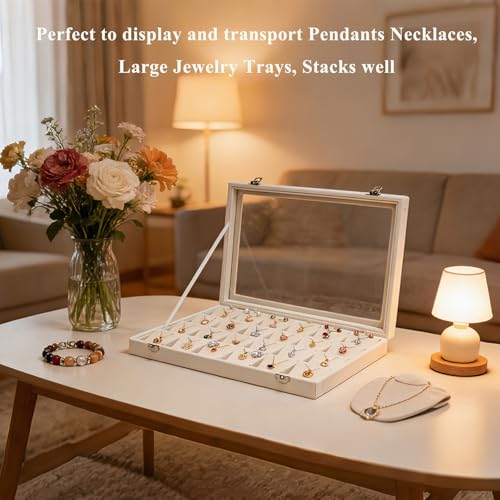 Jewelry Box Necklace Organizer Tray (Beige) Necklace Display Case for Storage Jewelry Necklaces Display Stand 24 Slot Pendant Holder for Women Necklace display Case with Glass Lid 24 Slot Beige