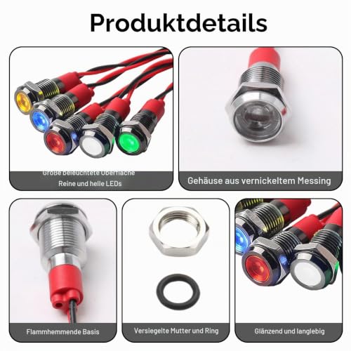 Indicator Light 6mm 12V Set of 10 Waterproof IP67 | Metal Housing Car Signal Lamp for Motorcycle/Truck/Boat, 2 each Red/Green/Yellow/White/Blue