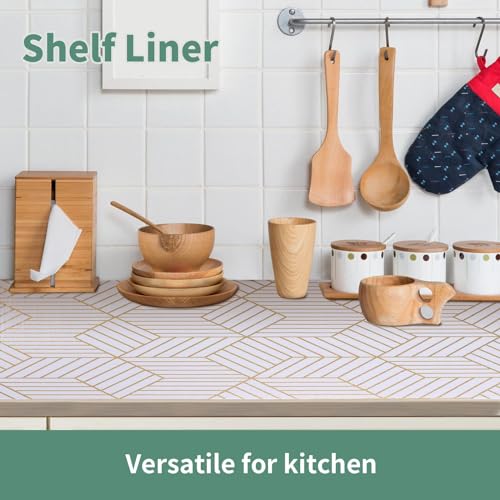 Shelf Liners for Kitchen Cabinets 12in x 30FT, Non Adhesive Cabinet Liner Strong Non-Slip Thickened Gold Geometric Drawer Liner, Easy to Clean for Shelf, Cabinet with Knife and Tape Measure Gold Geometry 12"W x 354.3"L