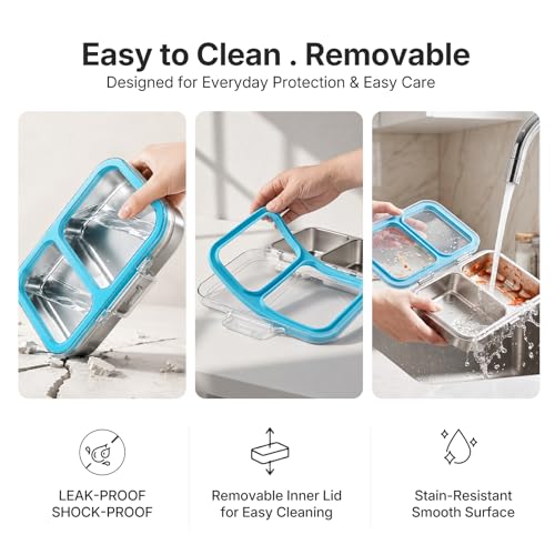 Leak-Resistant 18/8 Stainless Steel Bento Lunch Box Kids 7+ and Adults Blue