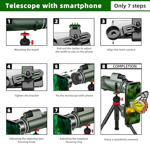 40X60 High Power Monocular Telescope with Tripod & Phone Adapter, HD Low Light Vision for Adults, Perfect for Wildlife Watching, Hiking, Camping and Sporting Events