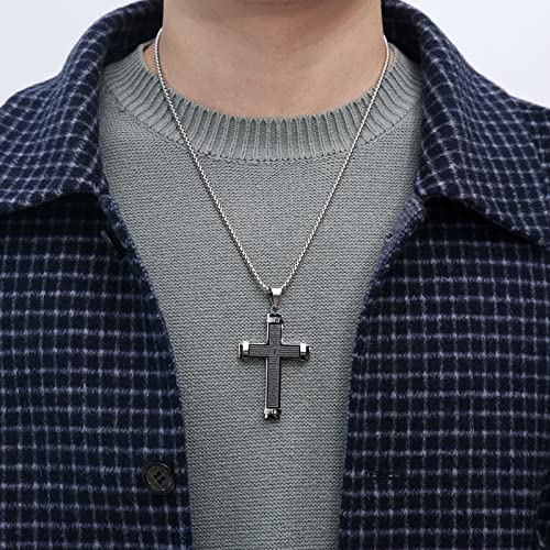 HZMAN Stainless Steel Men's Large Cross Necklace Lord's Prayer Pendant Necklace Jewelry Gift Silver Black
