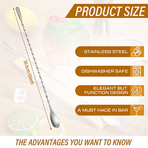 18 Pcs Bar Spoons Bulk, 12'' Long, Stainless Steel Mixing Spoons, Silver
