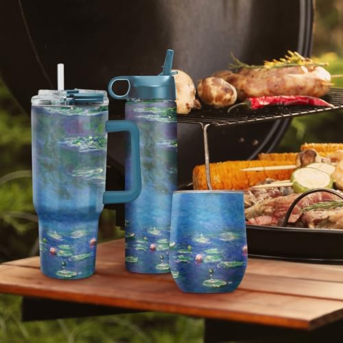 RainCaper 18/8 Stainless Steel Insulated Water Tumbler with Straw | 30oz, BPA-Free, Double Wall for Hot & Cold | Travel-Friendly, Cup Holder Ready (Monet Water Lilies) Monet Water Lilies