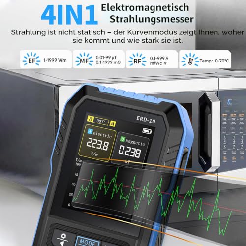 EMF Meter, Electrosmog Meter, 3-in-1 Radiation Meter, Measurement of EF MF RF Automatic Alarm if the Standard is Exceeded, TFT Color Screen for Home, Office and Children's Room.
