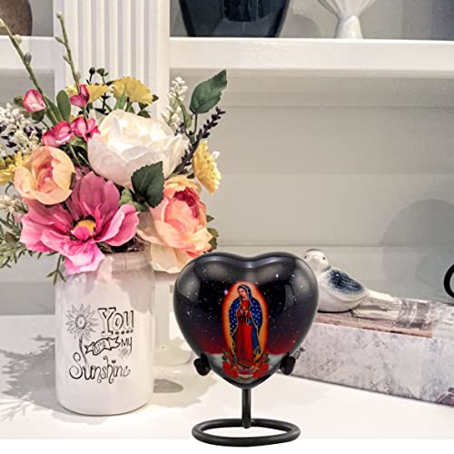 Our Lady of Guadalupe Heart Keepsake Urn, Urn and Ash Storage Religious Token Urn for Ashes, Spiritual Sharing Urn, Handcrafted Memorial Heart Urn with Velvet Case & Bag (Heart Keepsake)
