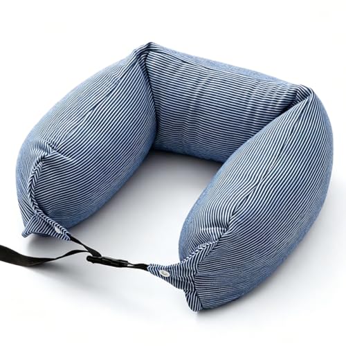 Microbead Sleep Head Pillow Portable Travel Neck Pillow, Breathable Soft Stretchy Fabric for Plane, Car, Office & Home Naps (Blue) Blue Stripes