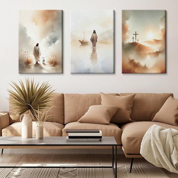 3 Pcs Framed Jesus Wall Art Jesus Walking on Water Canvas Wall Decor Leaves The 99 Sheep Pictures Prints Christian Posters for Living Room Bedroom Church Home Decorations Ready to Hang 12x16in Light Blue 12"W x 16"H