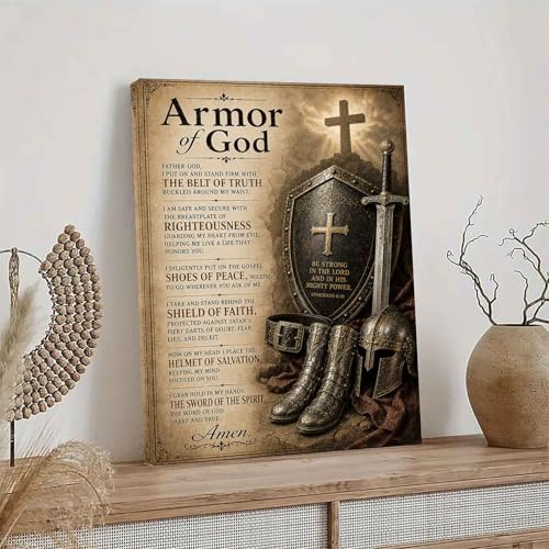 Armor of God Wall Art Christian Canvas Print, Full Armor of God Poster, Religious Wall Decor, Faith Inspired Scripture Art, Spiritual Gift for Men Women, Christian Home Decor Living Room Bedroom Framed 8*12 inch 12"L x 8"W
