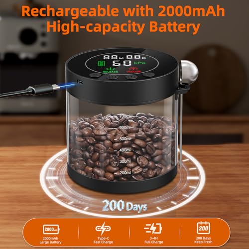 Automatic Vacuum Coffee Canister, 0.8L Coffee Container with LED Display Glass 0.8L/12oz