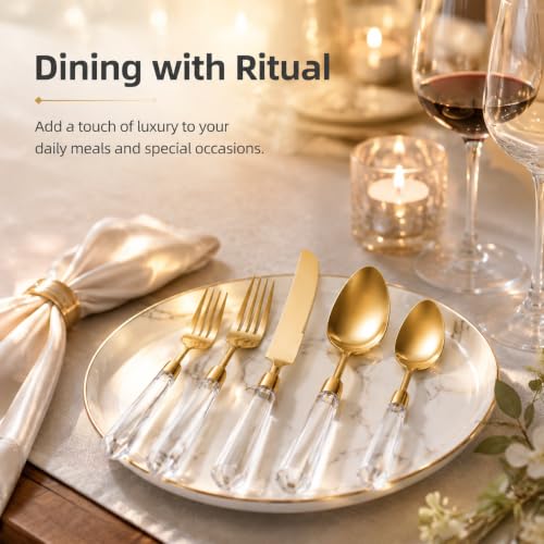 Gold Flatware Set, 5-Piece Gold Silverware Cutlery Set with Transparent Acrylic Handle, Diamond Shape 304 Stainless Steel Matte Knife Fork Spoon, Dishwasher Safe for Home Wedding Hotel
