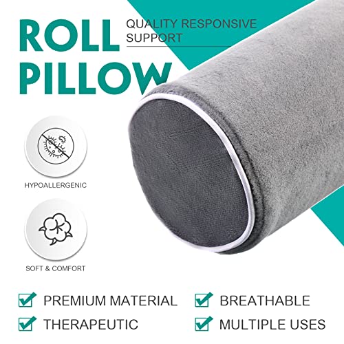 Maitys 2 Pack Neck Roll Pillows 17.7 x 4.3 Inch Memory Foam Bolster Pillows Bolster Pillow Round, Washable Cover for Neck Back Leg Support, Travel Office Bed Cylinder Pillow, Grey