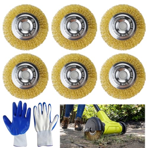Pack of 6 Brass Brushes with One Pair of Gloves for Gloria Multibrush | Diameter 115 mm for Gloria grout brush accessories cleaning weeds moss and dirt in joints
