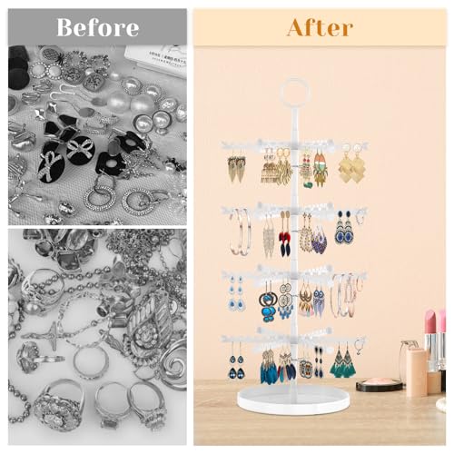 MODOWEY Rotating Earring Holder Organizer Tree Adjustable Display for Women Pearl White 4 Tier, 384 Holes