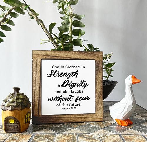 Bible Verse Proverbs 31:25 Box Sign, She is Clothed in Strength & Dignity and She Laughs without Fear of the Future, Wooden Plaque Gift Tabletop, Positive Sign, Christian Desk Decor Gift, Home Decor