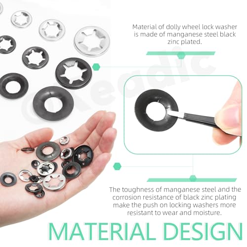 Keadic 211-piece 65Mn steel tooth lock washers and push nuts for dolly wheel axles, M3-M12 sizes