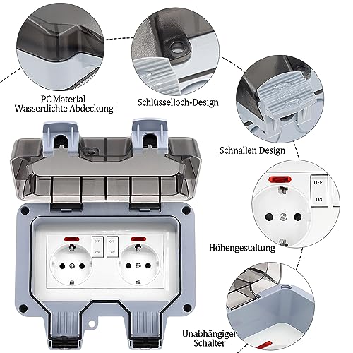 Outdoor Socket Waterproof IP66 2-Way with Switch and Indicator Light | Surface-mounted wall socket 16 A earthing contact garden socket with hinged lid for garage patio wet room outdoor Double socket with switch