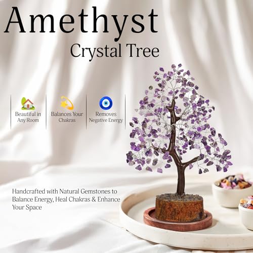 YATSKIA Amethyst Crystals Tree - Room Decor - Crystal Tree of Life - Spiritual Gifts for Women - Stones and Crystals - Bonsai Tree from Daughter - Good Luck Tree - Gemstone Tree Amethyst Silver Wire