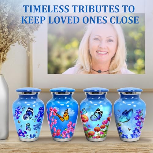 Small Urns for Human Ashes – Set of 4 Mini Keepsake Urns for Ashes, with Velvet Bag & Gift Box, Memorial Sharing Urns (Sky Blue, Set of 4) Sky Blue