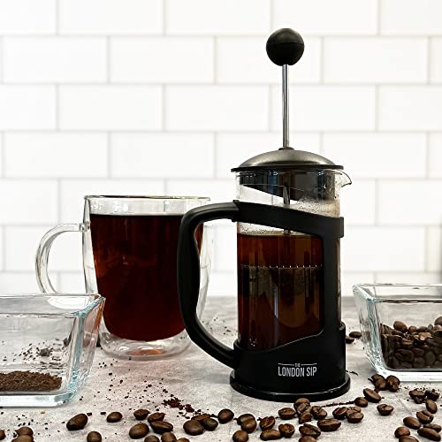 The London Sip Glass French Press Immersion Brewer Coffee Press Stainless Steel Filter System, 12oz, Black 12 oz
