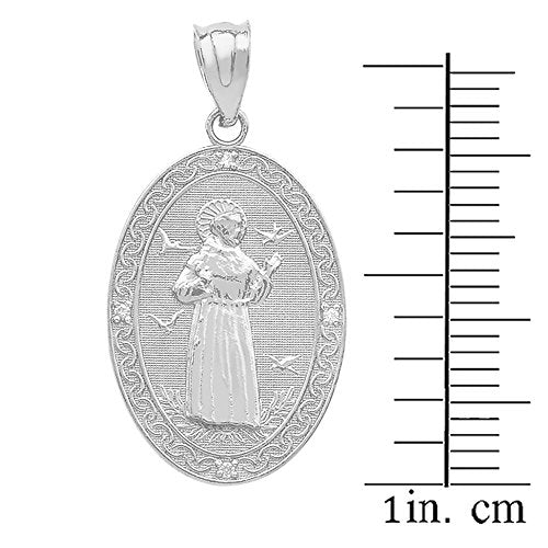 Sterling Silver Saint Francis Of Assisi CZ Oval Medal Charm Necklace (Medium) 18.0 Inches