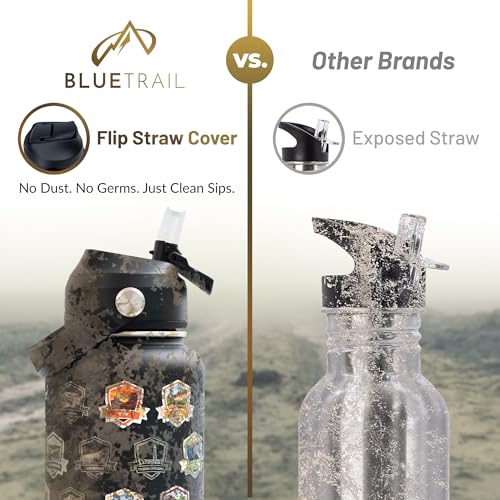 BlueTrail 50 States Water Bottle with Stickers - 32 oz Insulated Stainless Steel, Upgraded Leak-Proof Lid, UV & Waterproof Permanent Stickers, Laser Engraved 50 States of the USA (Black) Black
