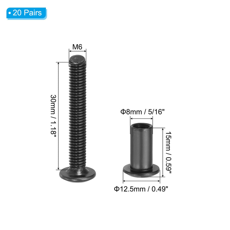 [Australia - AusPower] - PATIKIL 20 Set Hex Chicago Screws, Metric Hex Drive Socket Cap 6 x 30 mm Bolts and 6 x 15 mm Nuts Binding Screw Posts for Scrapbook Leather Belt Album Furniture Repair, Black M6 x 30 mm 