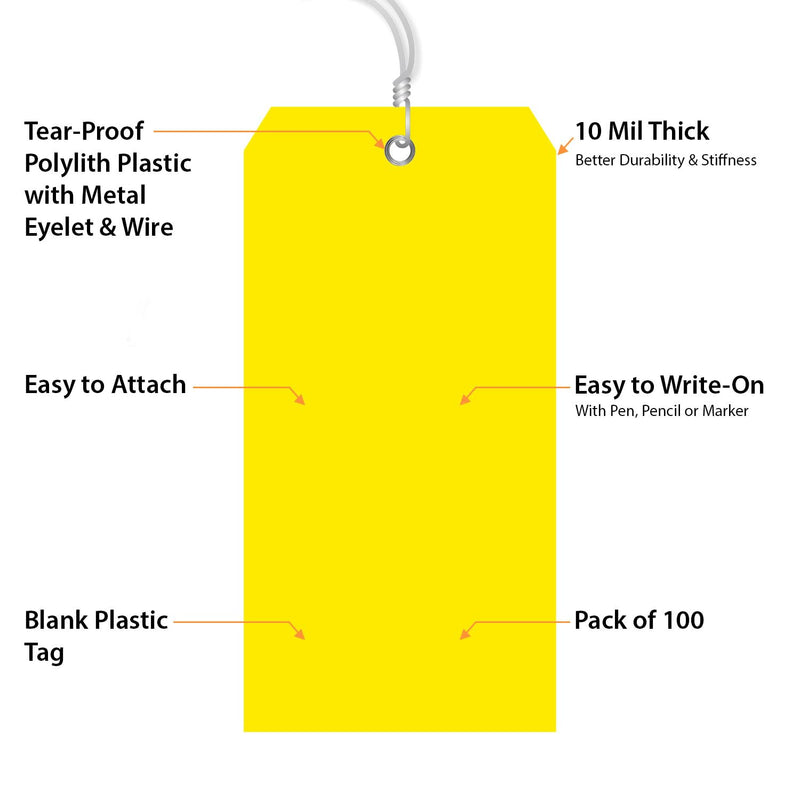 SmartSign (Pack of 100) Yellow Plastic Tags with Wires, 6.25 x 3.125 inch, Metal Eyelet, 10 mil Tear-Proof Polylith Plastic, Writable