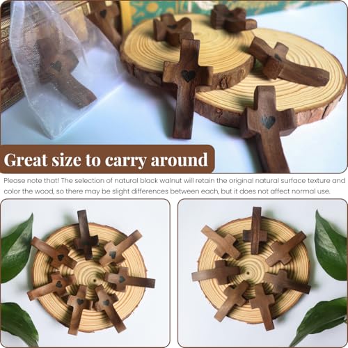 Wooden Cross Fidget My Heart with Organza Bags, Pocket Cross (5pcs) Walnut 5 Pcs